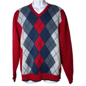 Vintage Cellini Men's Red&Blue Argyle Wool Blend Sweater Preppy Grandpa Academia